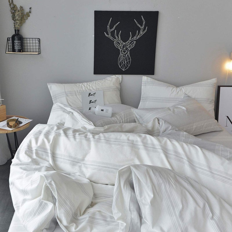 OREISE Duvet Cover Set King Size 100% Cotton White/Light Gray Printed Striped Style Reversible Design 3Piece Bedding Set (1 Duvet Cover + 2 Pillow Shams) with Zipper Closure Soft Breathable Luxury - Image 4